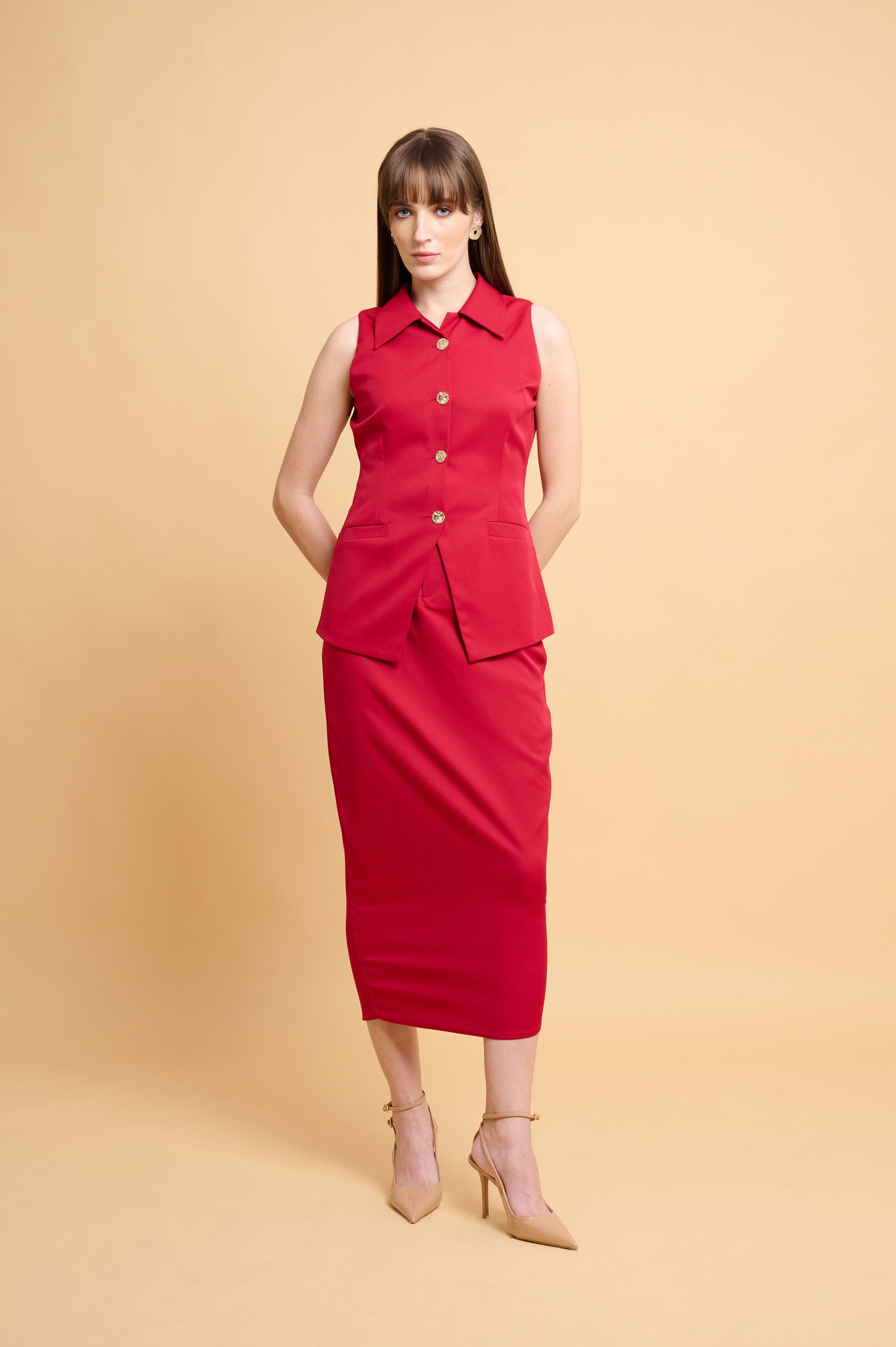 Red-formal-structured-meeting-skirt-waistcoat-coord